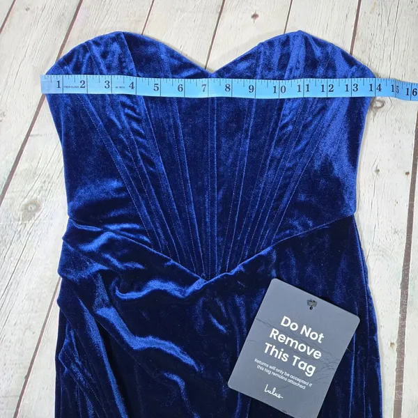 Lulus Masterfully Flirty Dark Blue Velvet Bustier Midi Dress Strapless Small - Image 10