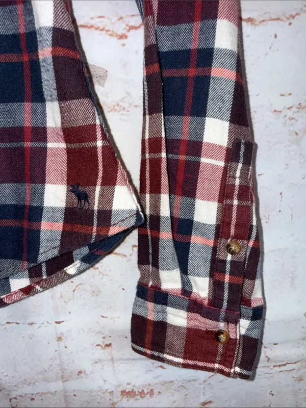 Abercrombie & Fitch Red Navy Plaid Ruffle Button-Down Shirt XS cotton - Image 3