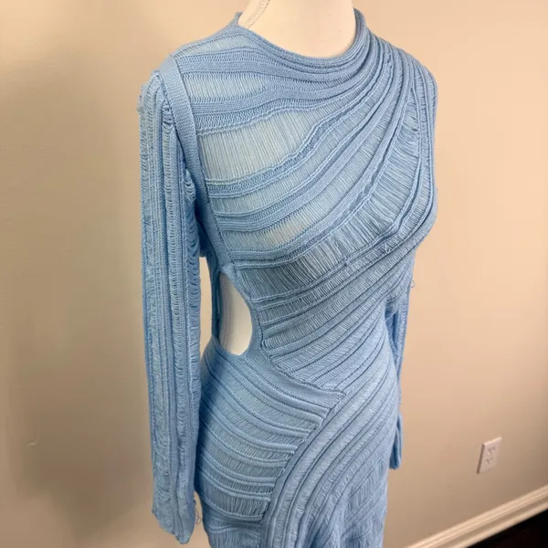 Peppermayo Angels Wing Mini Dress Light Blue Distressed Knit Cutout S/M NEW - Image 5