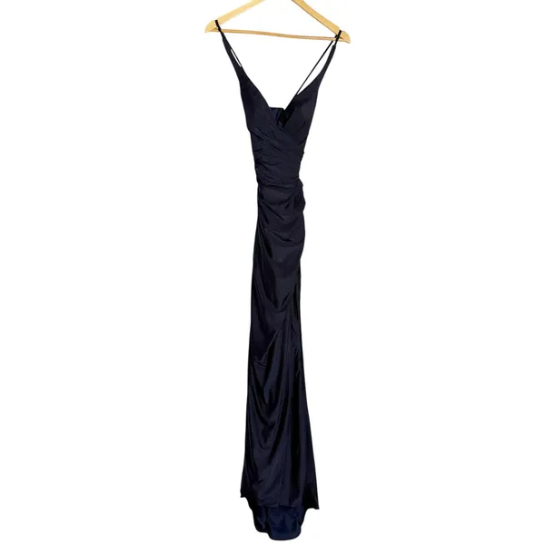 La Femme Navy Ruched Jersey V-Neck Slit Formal Gown Dress Tie Up Back Size 0 - Image 8