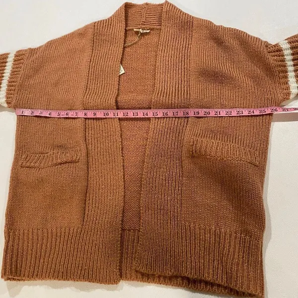 Easel Los Angeles Brown Knit Cardigan White Stripe Sleeves Open Front Size M - Image 6