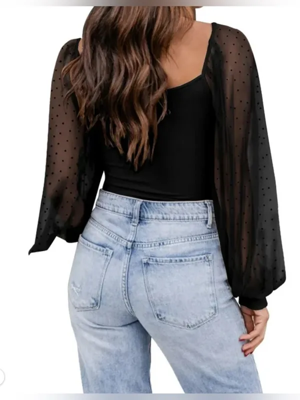 NWT Sheer Dot Mesh Sleeve Black Women's Top - Image 4