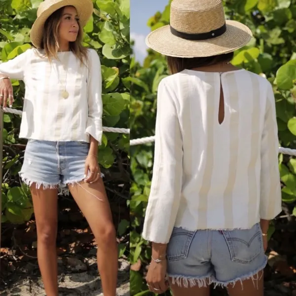Sincerely Jules Striped Cream Ivory Tan and White Boho Blouse Size Small S - Image 8
