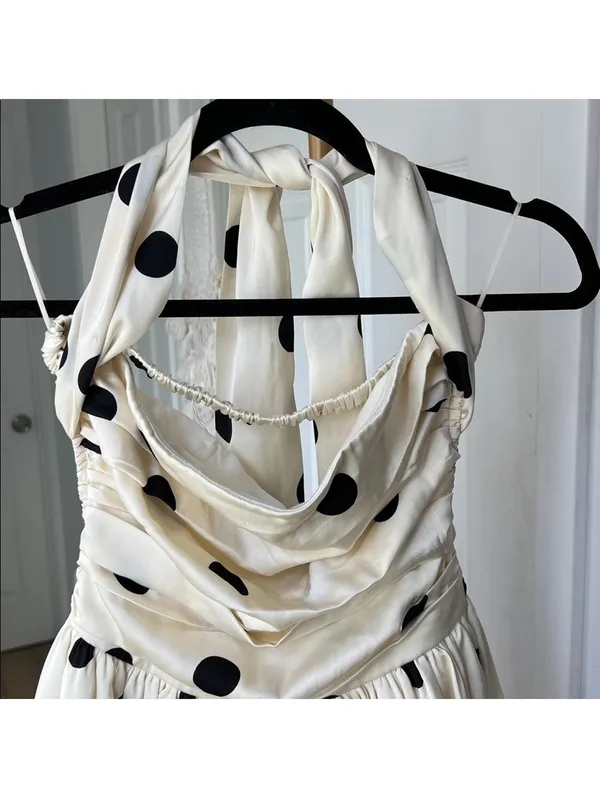 Retro Polka Dot Bubble Midi Dress Convertible Straps in Cream Black Size S - Image 6