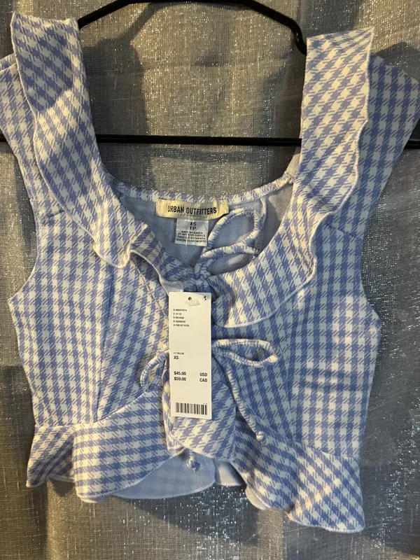 Urban Outfitters Light Blue Gingham Ruffle Tie-Front Crop Top - Image 5