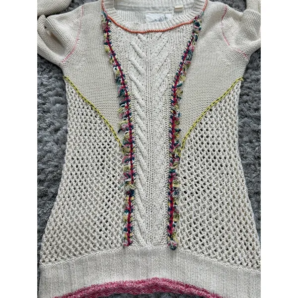 Anthropologie Angel Of The North Sweater Size S Ivory Knit Fringe Boho Crochet - Image 3