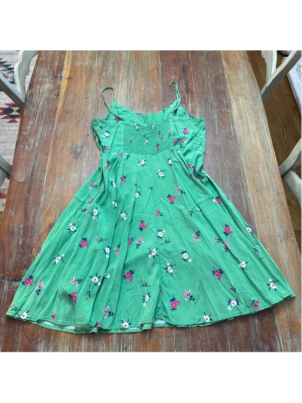 Old Navy Green Floral Fit & Flare Cami Dress Mini Smocked Back Size Large - Image 9