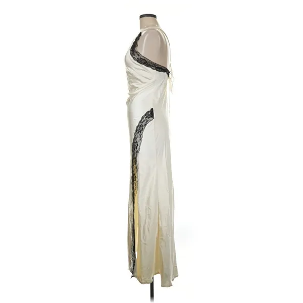 Here Comes The Sun Ivory Black Lace Cutout Maxi Dress Y2K Satin Slip Formal - Image 4