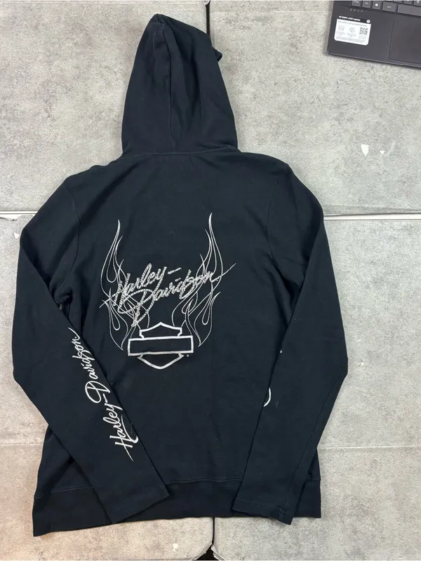 Harley Davidson Womens Thermal Hoodie Black Rhinestone Henley Waffle Knit Large - Image 2