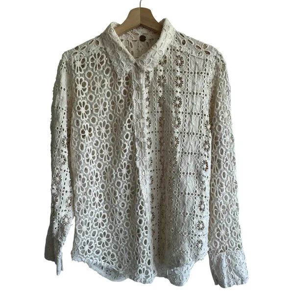 Free People FP One Yesenia Blouse M Crochet Embroidered Button Down Ivory Boho - Image 2