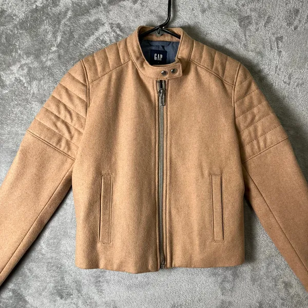 GAP Camel Wool Blend Moto Jacket Quilted Shoulder Zip‎ Front Biker Chic Small - Image 2