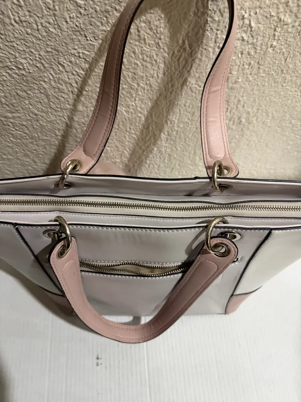 Guess Blush & Cream Colorblock Tote Bag Gold Logo Charm Pom Pom Large - Image 11