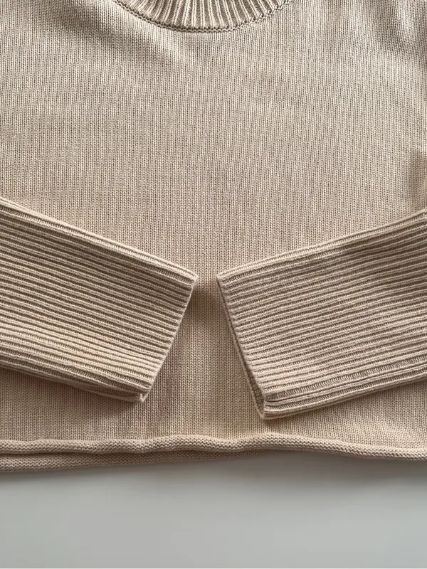 GAP Beige 100% Cotton Cropped Knit Sweater Roll Hem Long Cuffs M - Image 7