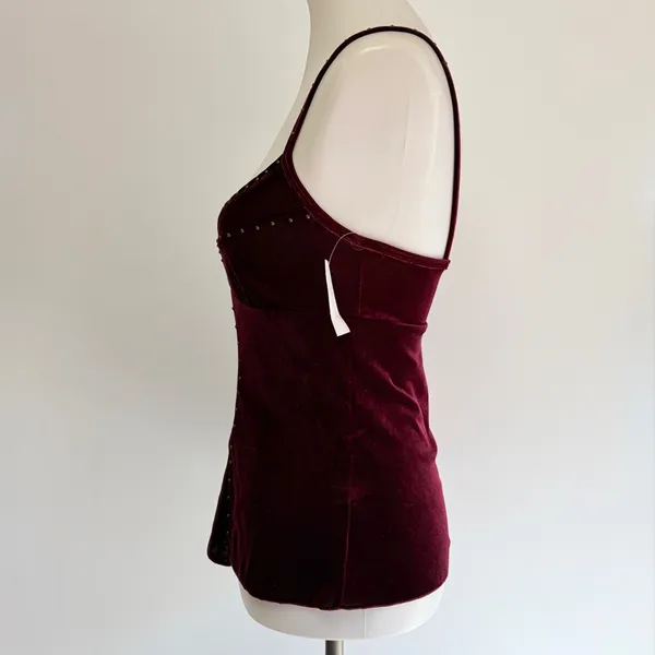 Shameless Velvet Camisole Small Burgundy Studded V-Neck Y2K 90s Whisigoth Goth - Image 3