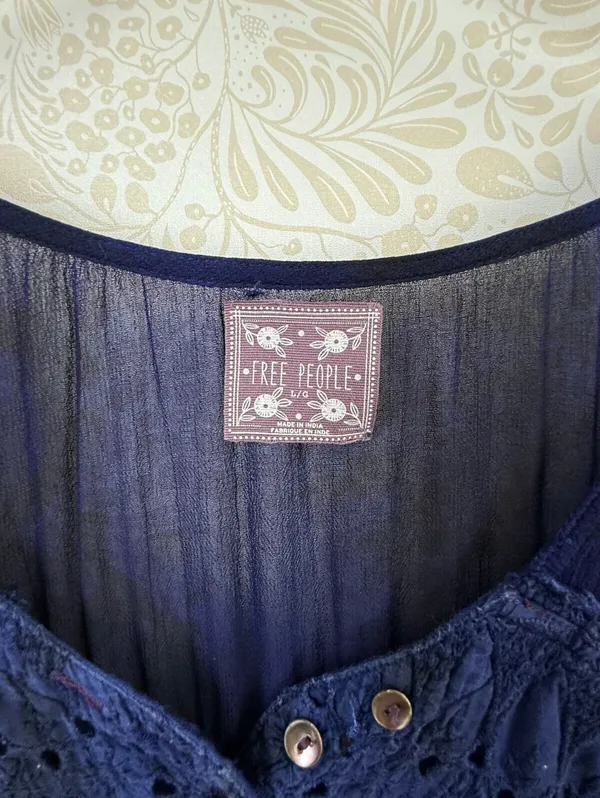 Free People Vintage Navy Embellished Cap Sleeve Top - Size - Large - Image 3