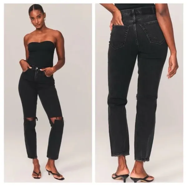 Abercrombie Fitch 90s Straight Ultra High Rise Distressed Black Jeans 35 20 new - Image 2