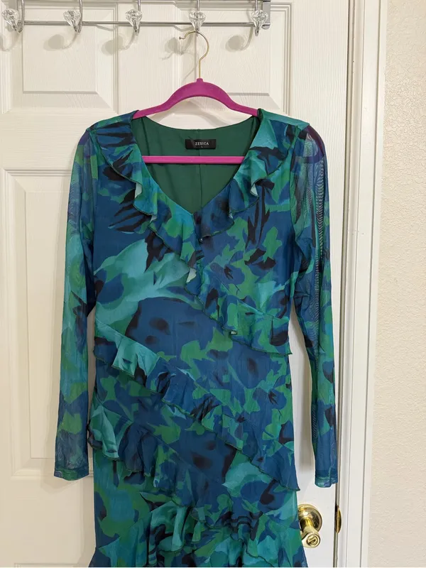 Zesica Blue Ruffle Layer Tiered Maxi Floral Dress Aqua Vacation Beach Resort - Image 5
