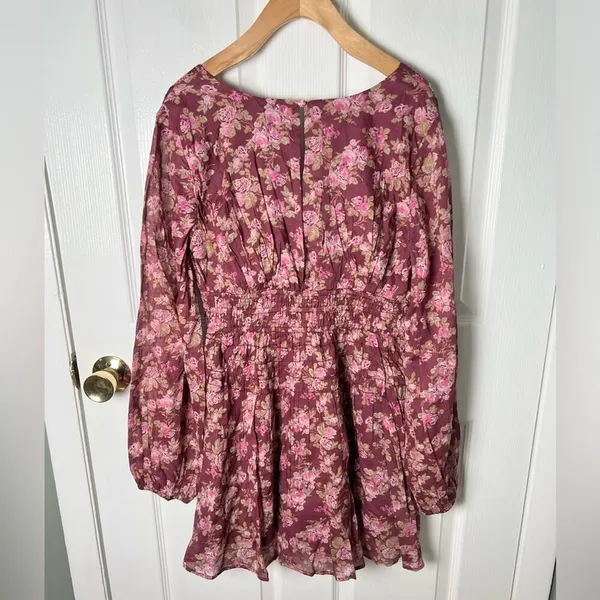 Free People Mauve Keep You Floral Smocked V Neck Mini Dress Berry Combo S - Image 6