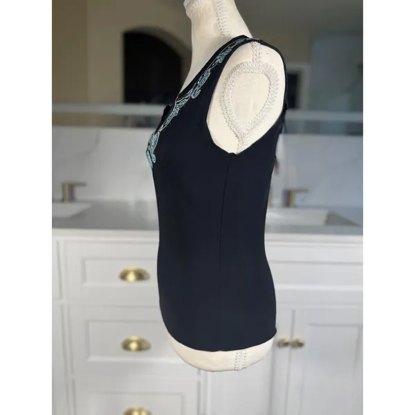 Team Athletics Beaded Paisley Tank Top Womens Medium Black Turquoise Sleeveless Split Neck - Image 7