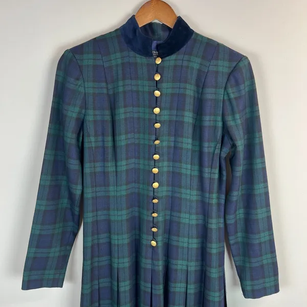 Vintage Tartan‎ Plaid Maxi Dress Womens 4 Green Navy Pleated A-Line Gold Buttons - Image 4