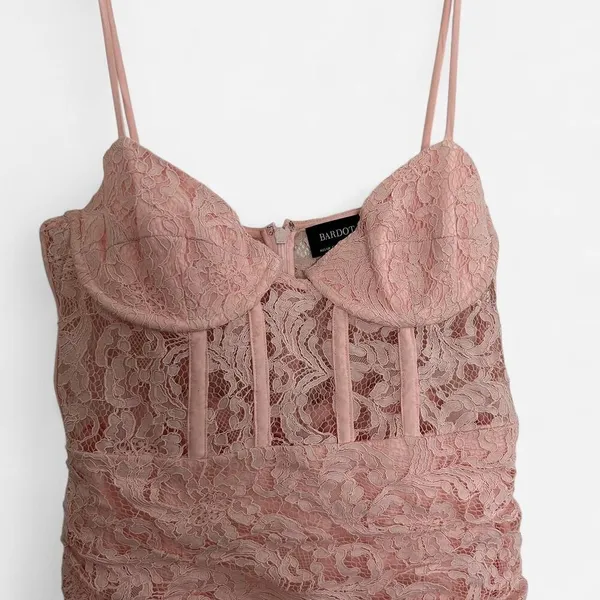 Bardot Danni Lace corset waist mini dress with frill hem in soft pink lace M - Image 4