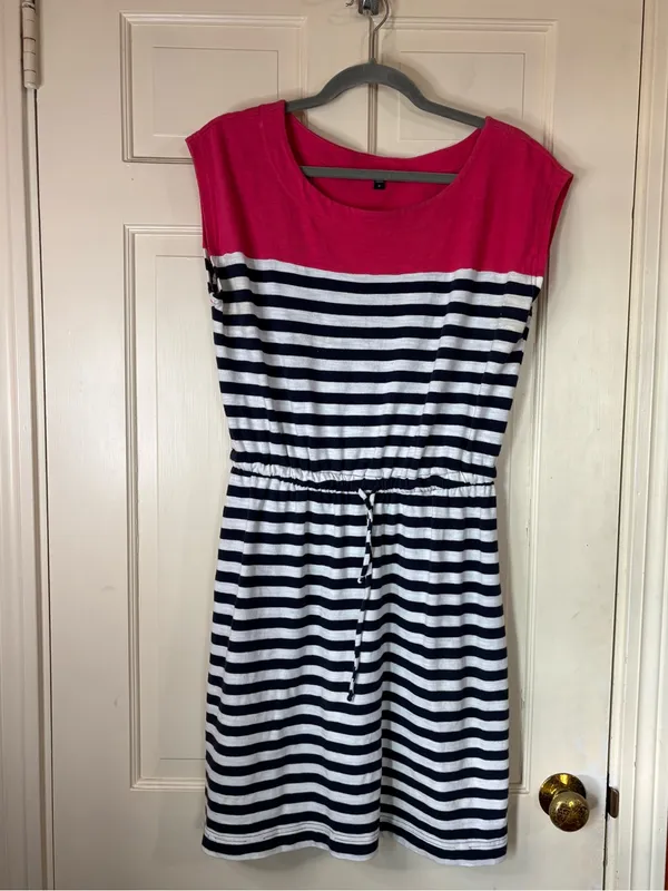 Gap Pink Navy White Striped T-Shirt Dress Drawstring Waist Nautical Size M - Image 8