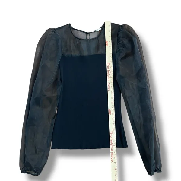 Black Sheer Puff Sleeve Top Ribbed Knit Romantic‎ Coquette Blouse L - Image 5