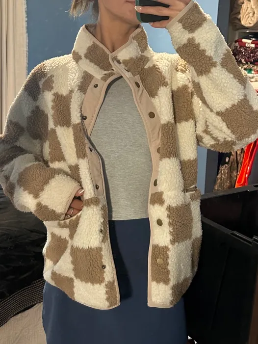 SheIn Checked Sherpa Jacket in Cream and Brown - Women's Cozy Coat - Image 2