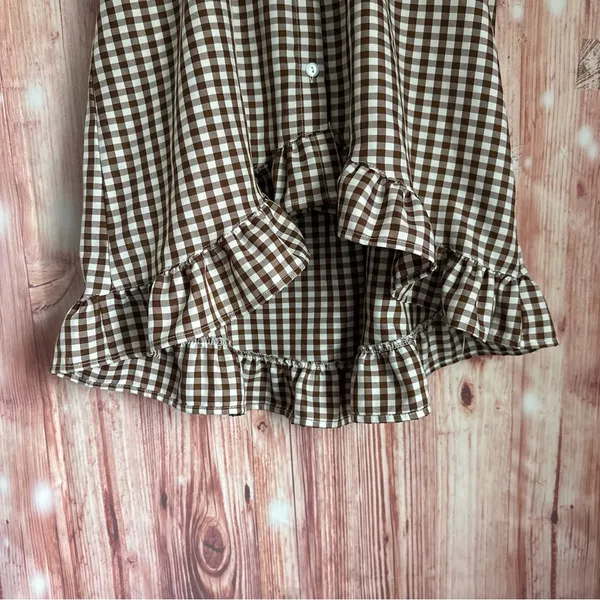 Unbranded Brown Gingham White Plaid Puff Sleeve Hi Lo Hem Button Front Top Sz S - Image 4