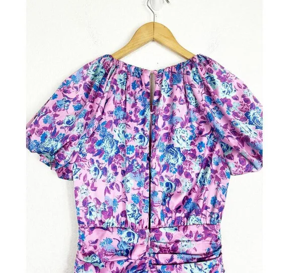 For Love & Lemons Tahiti Ruched Mini Dress Small Purple Floral Satin Cottagecore - Image 13