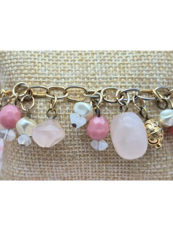 Premier Designs Dangle Charm Bead Bracelet Pink & White Accents Gold-Tone Chain - Image 2