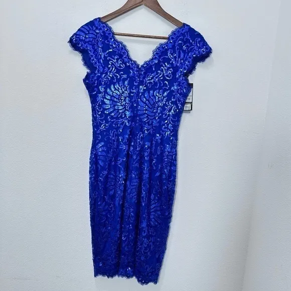 Tadashi Shoji Bright Cobalt Blue Embroidered Lace V Neck Sequin Cap Sleeve‎ - Image 4
