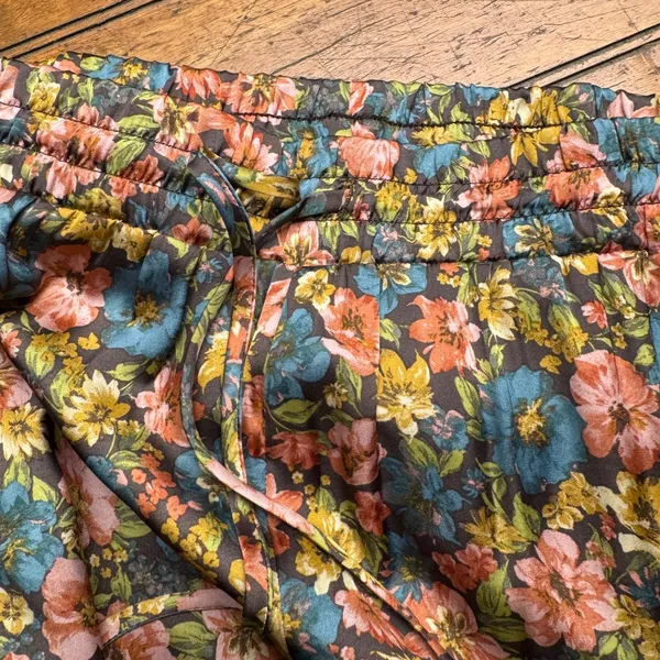 ILLA ILLA Floral Wide Leg Pants Brown Pink Blue Elastic Waist Drawstring Small‎ - Image 4