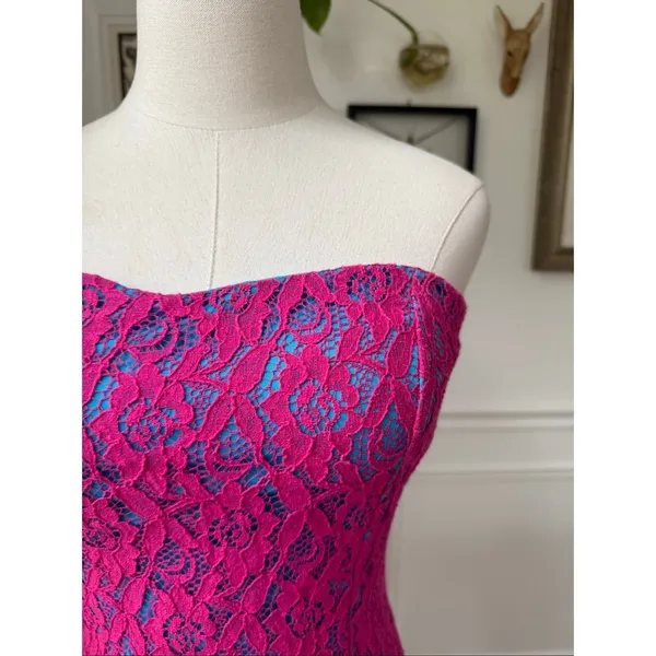 NWT Trina Turk Strapless Bodycon Mini Dress Hot Pink Lace Turquoise Lining Dress - Image 3