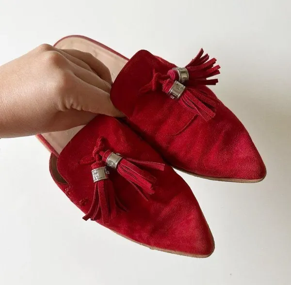 Stuart Weitzman Slidealong Tassel Pointed Toe Mule in Red Suede Women's 6 - Image 4