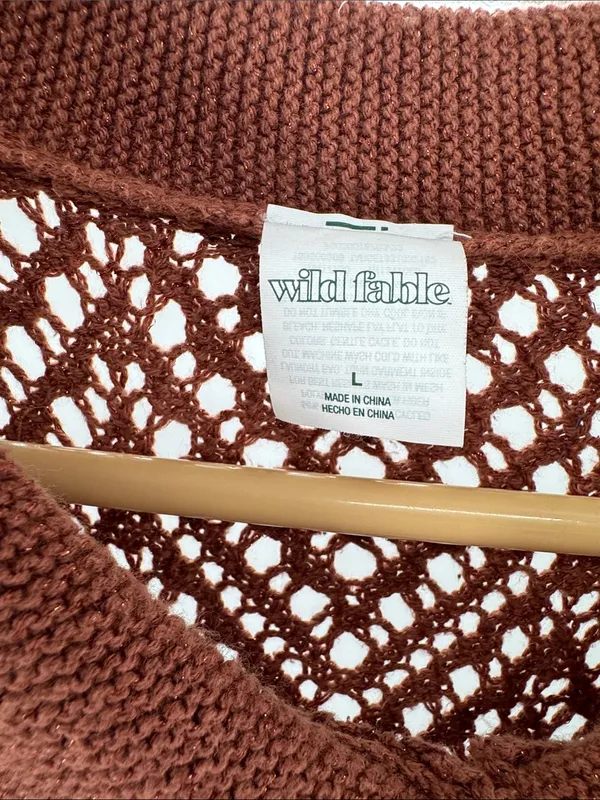 wild fable Brown metallic Open-Knit short sleeve crocheted Sweater L button up - Image 7