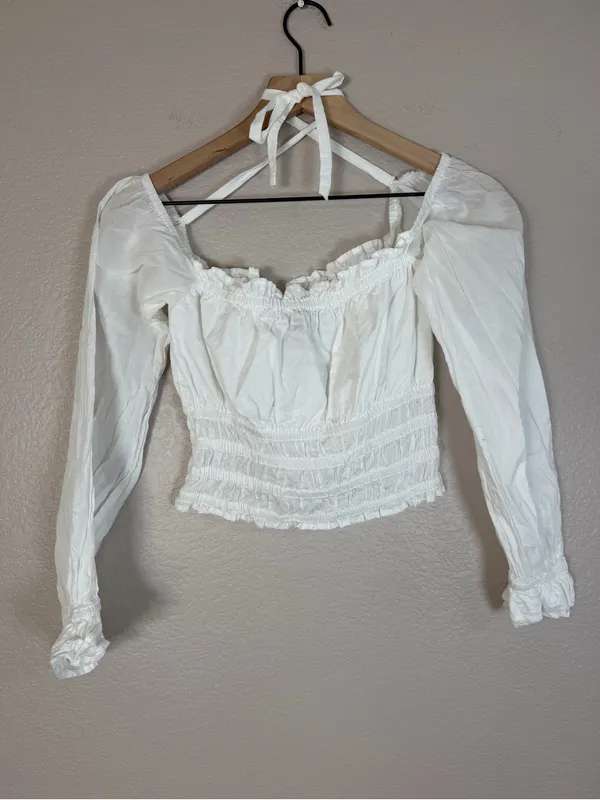 With Jean Fonda Top Long Sleeve Smocked Blouse White Small $219 - Image 13
