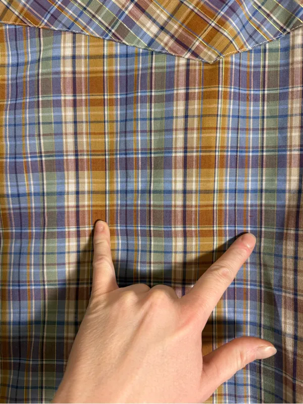 Wrangler 80s Wrangler blue, metallic, brown, and white plaid western shirt - Image 7
