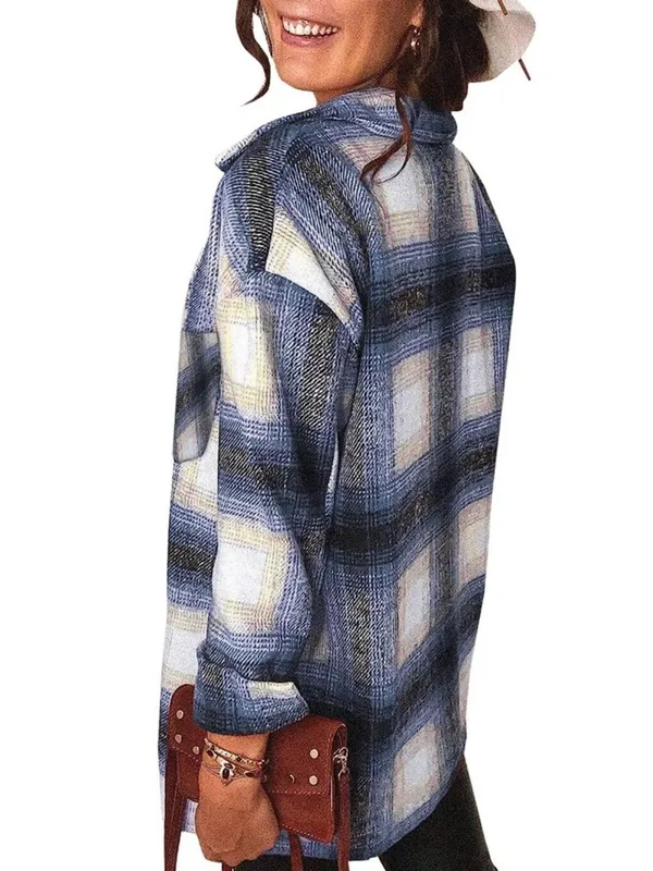 Casual Blue Plaid Button - Image 3