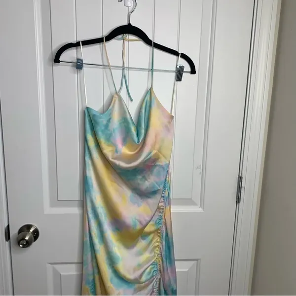 Zara pastel tie dye satin rainbow‎ ruched ruched midi dress blogger size XS - Image 7