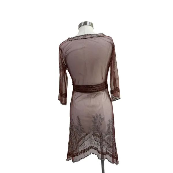 Vintage Style Sheer Mesh Embroidered Lace Trim Dress Brown Silver Size S - Image 2