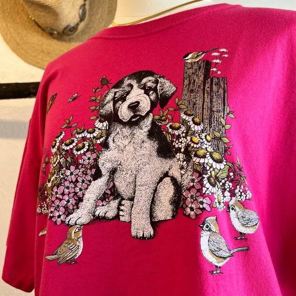 Jerzees Vintage 90s Pink Dog Garden Graphic Cotton Short Sleeve Tee Size Large - Image 3