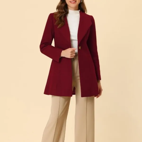 Burgundy Red Turn Down Collar Buttoned Mid-Long Winter Coat - Medium - Image 3