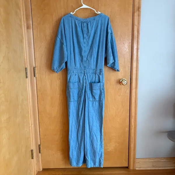 Free People Denim Jumpsuit Womens Small Blue Button Front Short Sleeve‎ Boho - Image 6