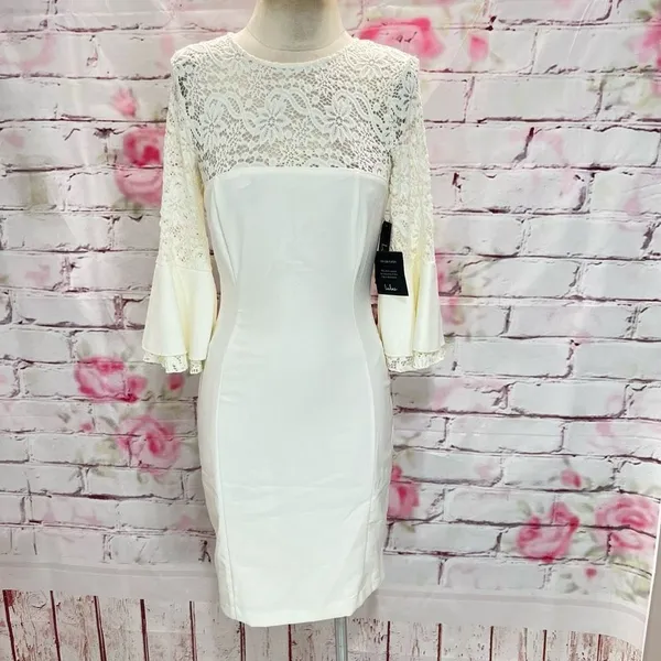 Lulu’s nwt ivory white lace top bell sleeve fitted dress size medium - Image 6