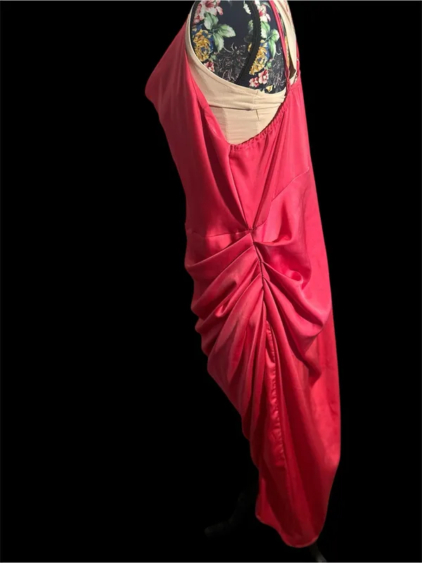 XXL Plus Hot Pink Satin Cowl Neck Ruched Slip Midi Dress Cocktail Party GUC - Image 2