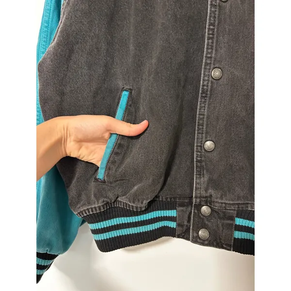 International Denim Vintage Varsity Bomber Jacket Black Teal XL Tampa Bay Auto - Image 2