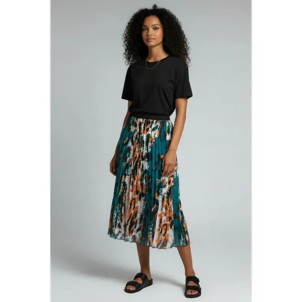 Kosmios Women Teal Orange Abstract Digital Print Pleated Midi Skirt TC5226 Large - Image 2