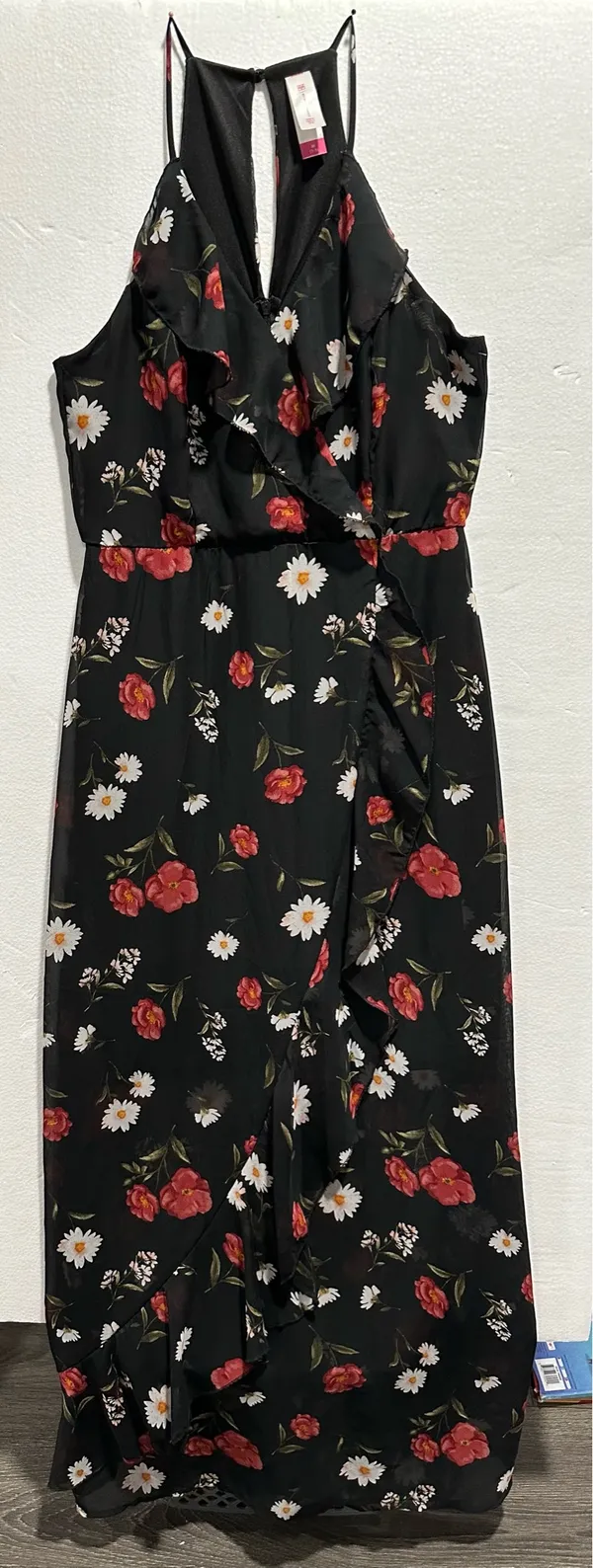 BISOU BISOU M Black Red Floral Sleeveless Maxi Dress V-Neck Ruffle Straps - Image 4