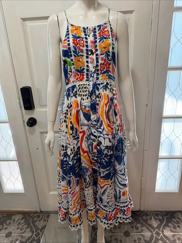 Farm Rio Cotton Floral Print Maxi Dress Eyelet Midi Fit Flare Dress Size XSmall - Image 3
